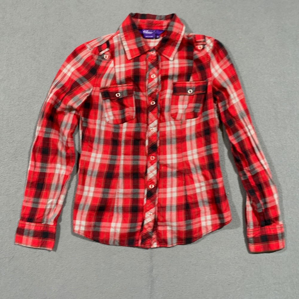 Miley Cyrus Max Azria Collab Red Plaid‎ Long Sleeve Button Up Shirt Girls Medium